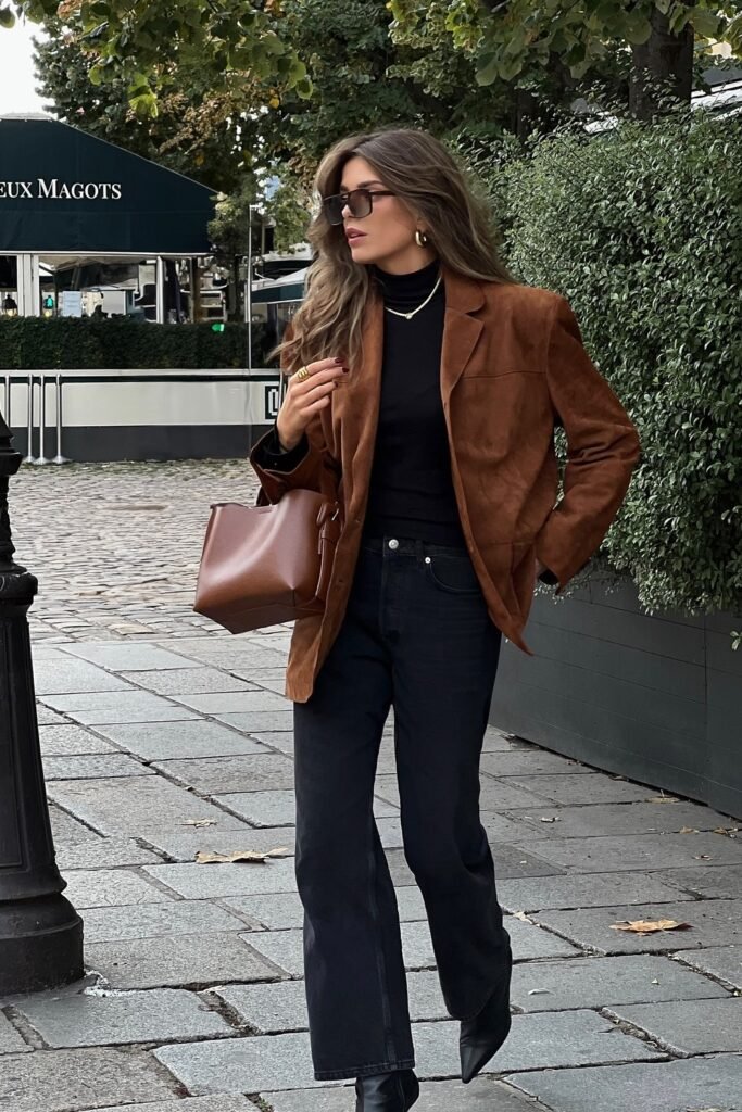 Brown Suede Blazer + Black Turtleneck + Black Jeans + Brown Handbag