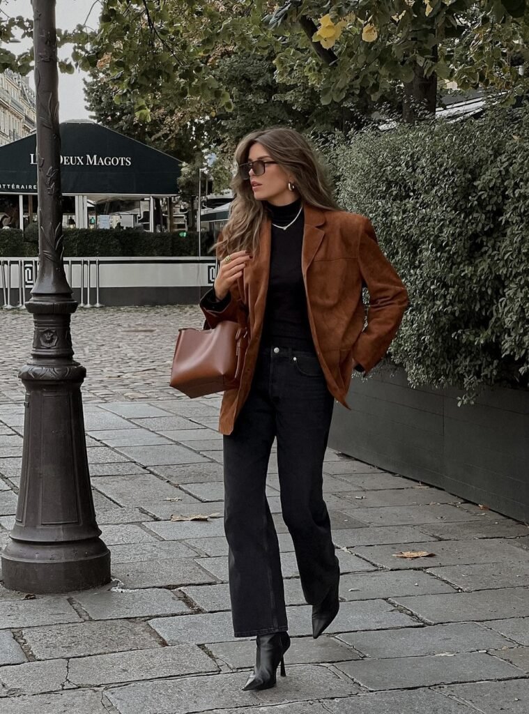 Brown Suede Blazer + Black Turtleneck + Black Straight Jeans + Black Heeled Boots + Brown Tote Bag
