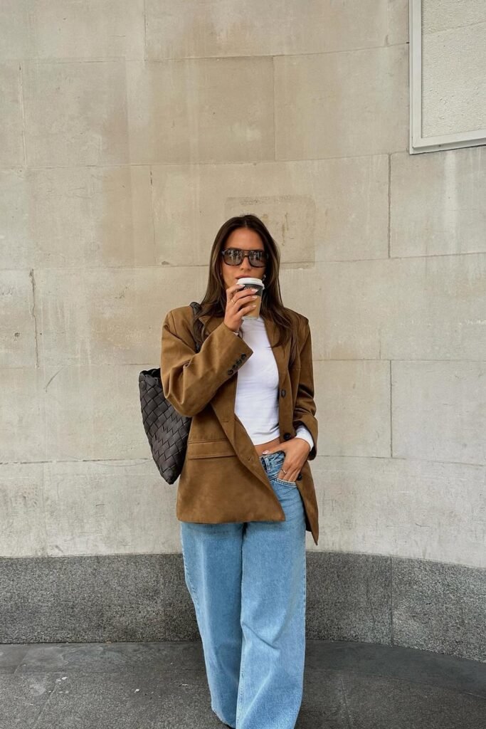 Brown Suede Blazer + White Cropped Tee + Light Blue Wide-Leg Jeans + Black Woven Tote Bag