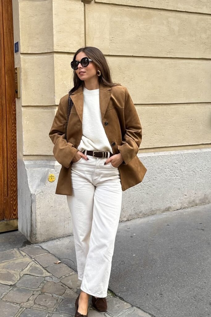 Brown Suede Blazer + White Knit Sweater + White Wide-Leg Jeans + Brown Flats