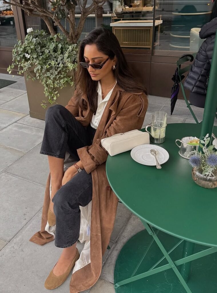 Brown Suede Coat + White Button Shirt + Black Cropped Jeans + Tan Ballet Flats + White Clutch Bag