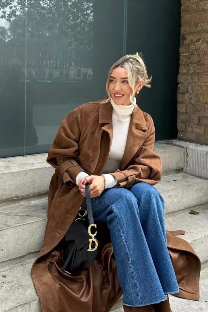 Brown Suede Coat + White Turtleneck + Blue Wide-Leg Jeans + Black Dior Saddle Bag