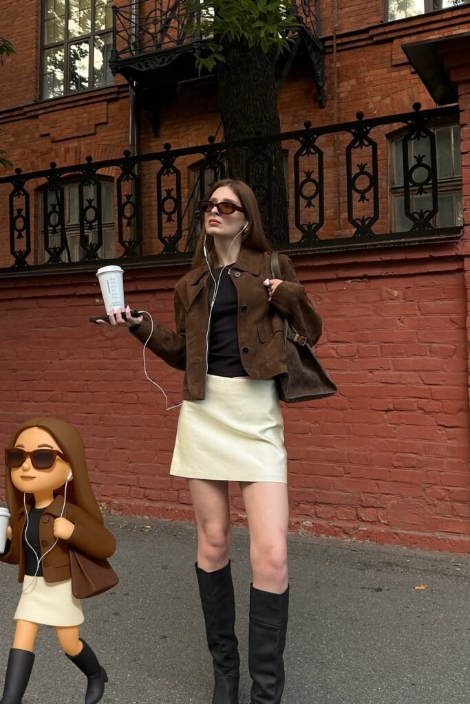 Brown Suede Jacket + Black Top + Cream Mini Skirt + Black Knee-High Boots + Brown Shoulder Bag + Sunglasses + Coffee Cup