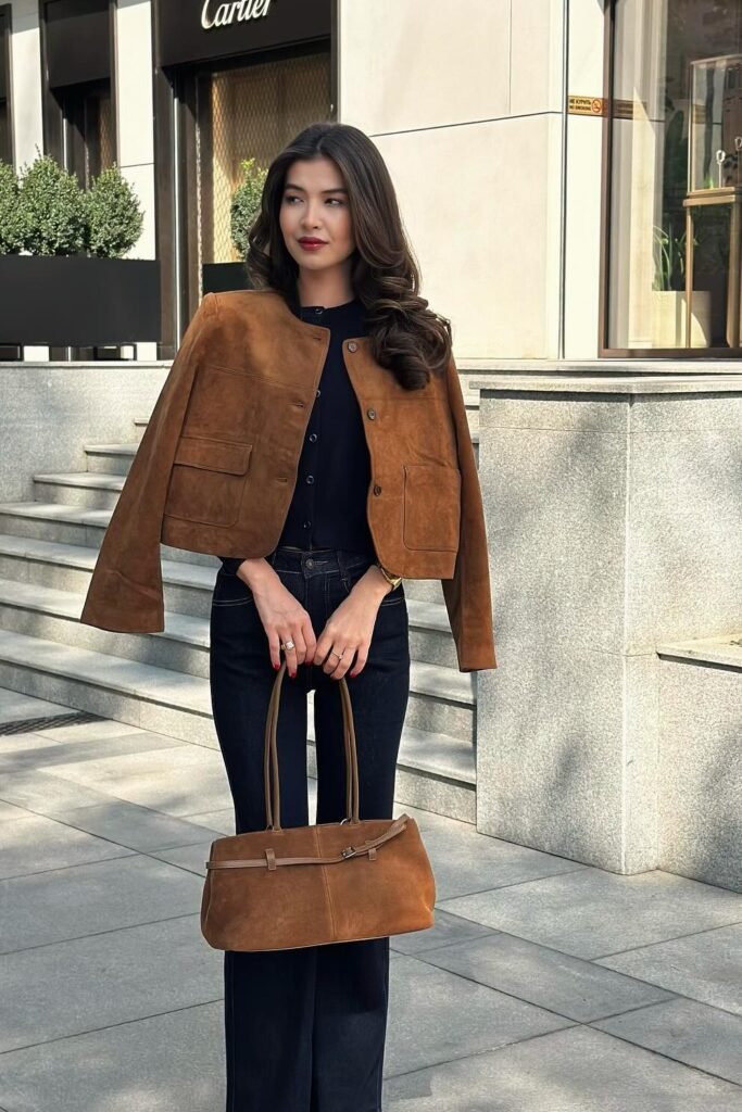Brown Suede Jacket + Black Top + Dark Denim Jeans + Brown Suede Bag
