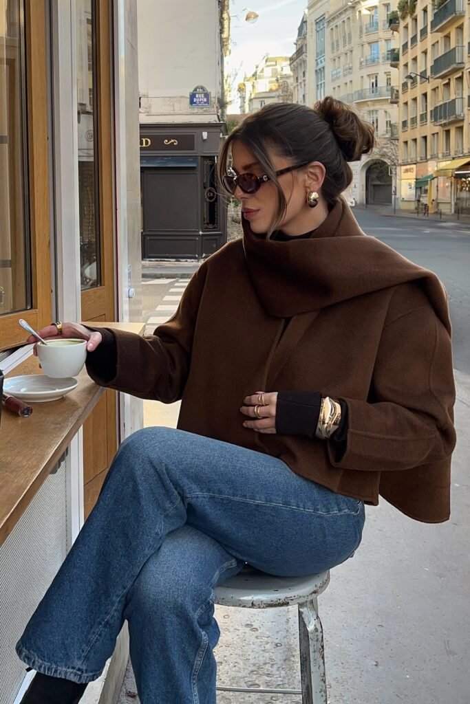 Brown Suede Jacket + Brown Turtleneck + Blue Jeans + Sneakers