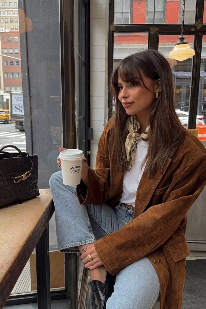Brown Suede Jacket + White T-Shirt + Light Blue Straight Jeans + Black Leather Ankle Boots + Silk Scarf + Black Woven Handbag