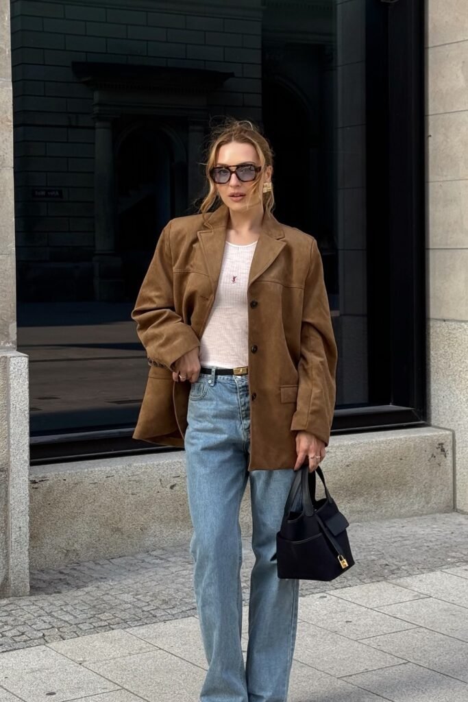 Brown Suede Oversized Blazer + White Ribbed Tee + Light Blue Straight-Leg Jeans + Black Structured Mini Bag + Oversized Sunglasses