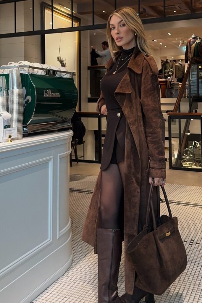 Brown Suede Trench Coat + Black Dress + Brown Boots + Brown Handbag