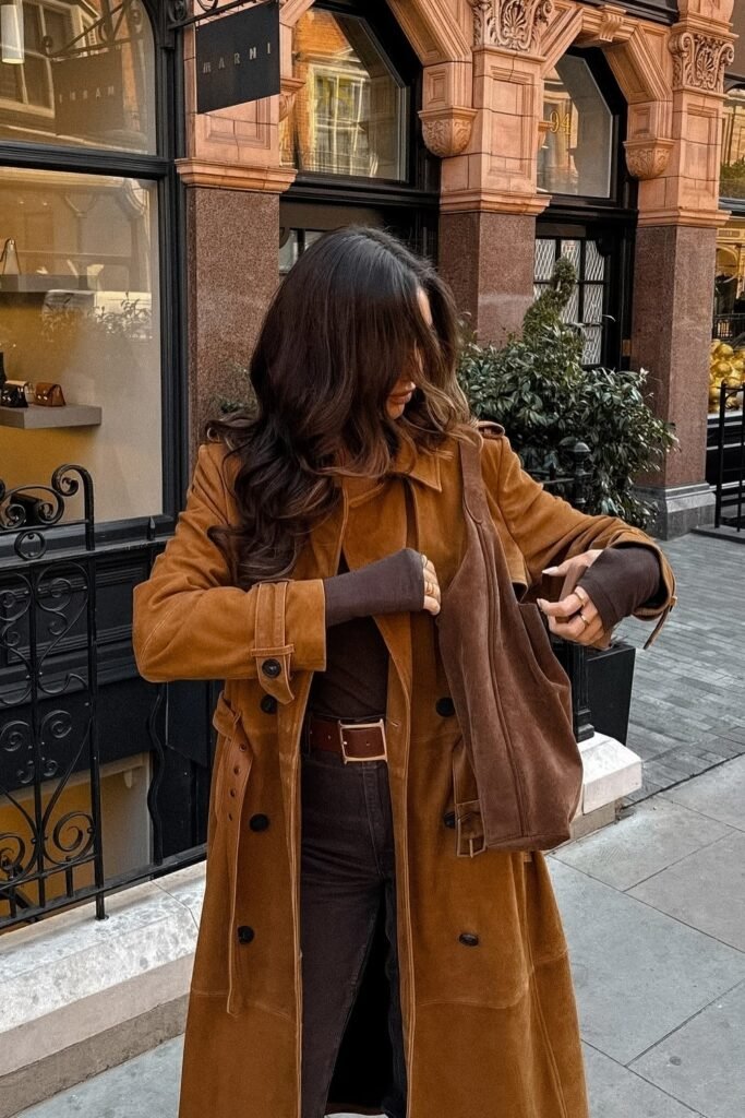 Brown Turtleneck + Brown Jeans + Suede Brown Trench Coat + Suede Tote