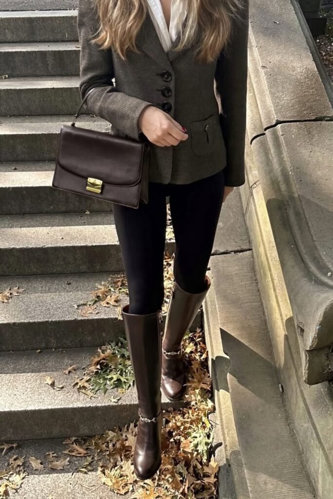 Brown Tweed Blazer + White Shirt + Black Leggings + Brown Knee-High Riding Boots + Dark Brown Top-Handle Bag