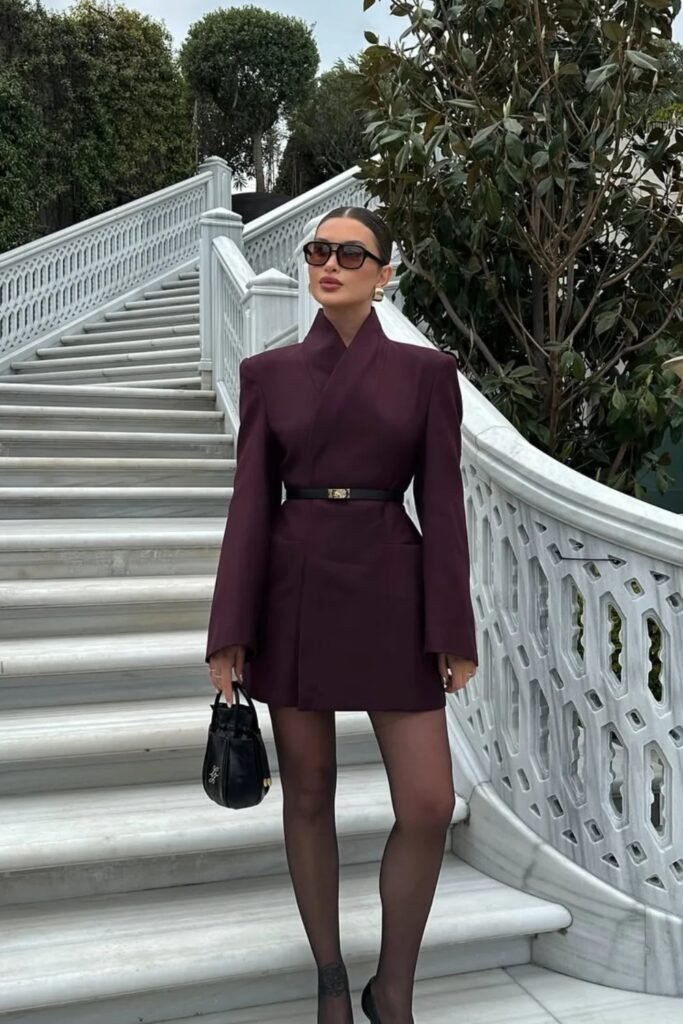 Burgundy Blazer Dress + Black Belt + Black Sheer Tights + Black Heels + Black Structured Bag + Oversized Sunglasses