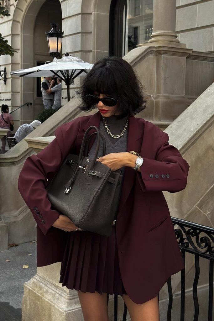 Burgundy Blazer + Pleated Skirt + Brown Leather Handbag