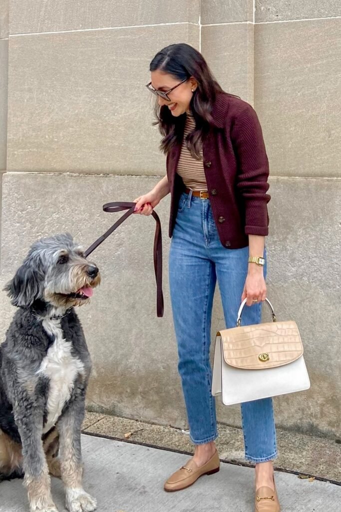 Burgundy Cardigan + Brown Striped Top + Blue Slim Jeans + Tan Loafers + Beige Structured Handbag