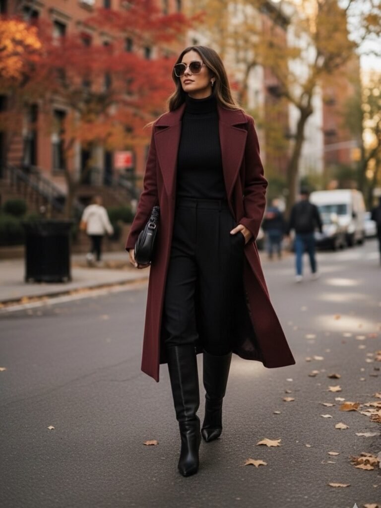 Burgundy Coat + Black Turtleneck + Black Tailored Pants + Black Knee-High Boots + Black Structured Bag