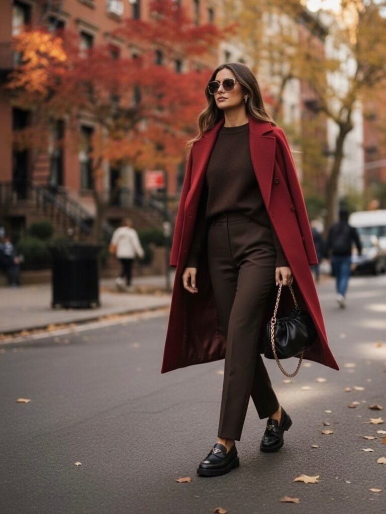 Burgundy Coat + Brown Sweater + Brown Tailored Pants + Black Loafers + Black Chain Bag