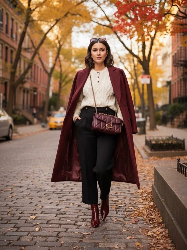 Burgundy Coat + Cream Buttoned Sweater + Black Tailored Pants + Burgundy Ankle Boots + Quilted Burgundy Crossbody Bag