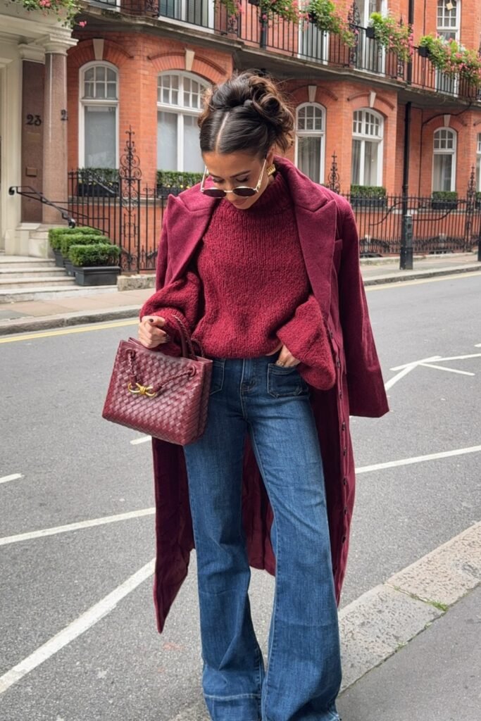 Burgundy Sweater + Wide-Legged Jeans + Red Bag