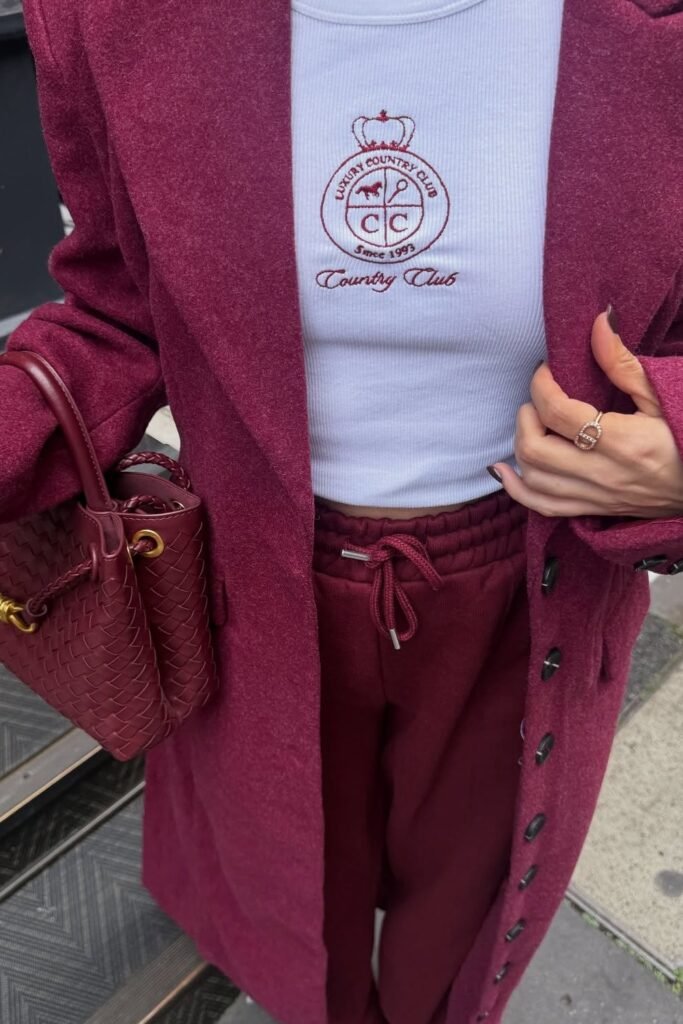 Burgundy Coat + White Shirt + Burgundy Sweatpants