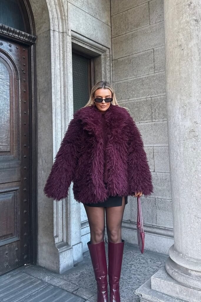 Burgundy Faux Fur Coat + Burgundy Mini Dress + Black Tights + Burgundy Knee-High Boots + Burgundy Clutch