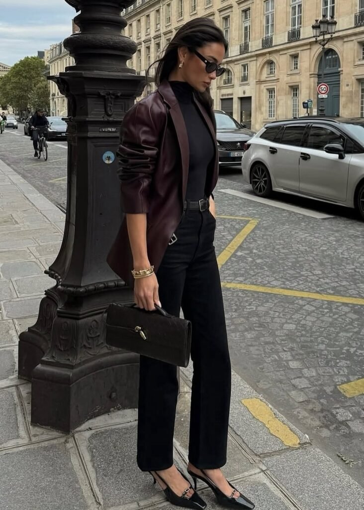 Burgundy Leather Blazer + Black Turtleneck + Black Trousers + Black Pumps + Black Clutch