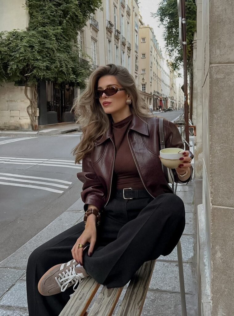 Burgundy Leather Jacket + Brown Turtleneck + Black Pants + Sneakers