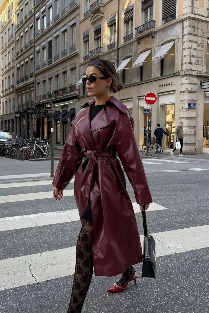 Burgundy Leather Trench Coat + Black Mini Dress + Black Floral Lace Tights + Burgundy Heels + Black Structured Bag
