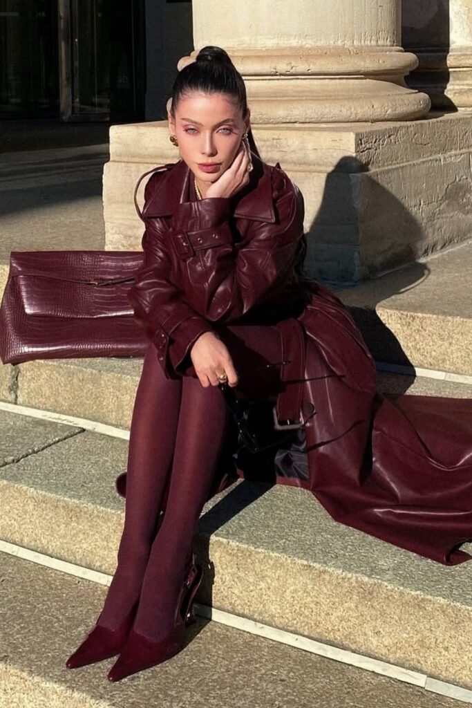 Burgundy Leather Trench Coat + Burgundy Tights + Pointed Burgundy Heels + Oversized Burgundy Bag