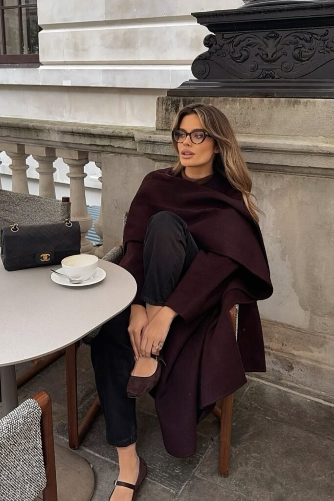 Burgundy Oversized Coat + Black Slim Pants + Burgundy Flats + Black Quilted Chanel Bag