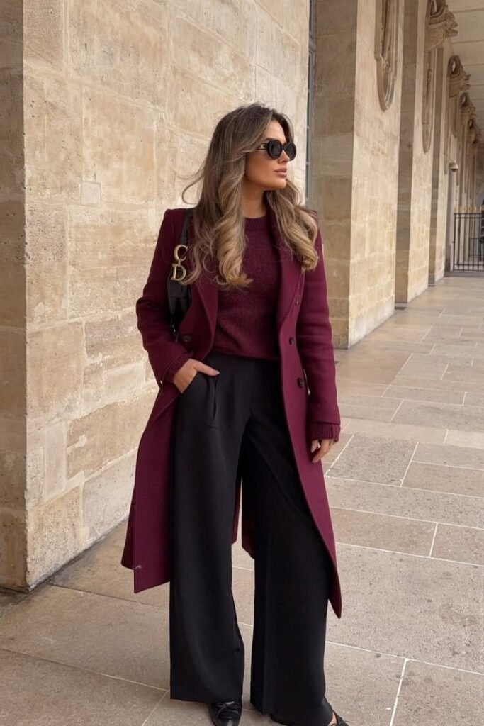 Burgundy Oversized Coat + Burgundy Knit Sweater + Black Wide Pants + Black Dior Saddle Bag