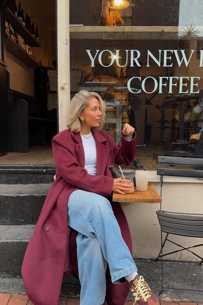 Burgundy Oversized Coat + White Tee + Light Wash Wide-Leg Jeans + Burgundy Sneakers