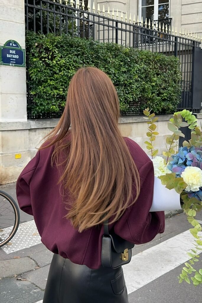 Burgundy Oversized Jacket + Black Leather Skirt + Black Shoulder Bag