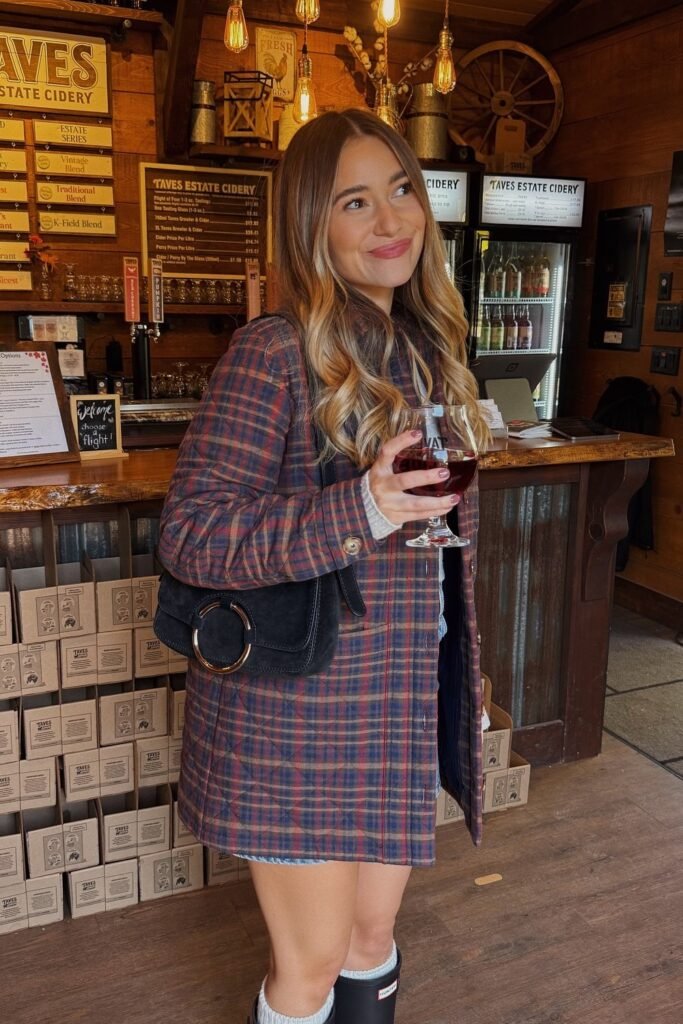 Burgundy Plaid Shirt Dress + Grey Knit Socks + Black Rain Boots + Black Suede Shoulder Bag