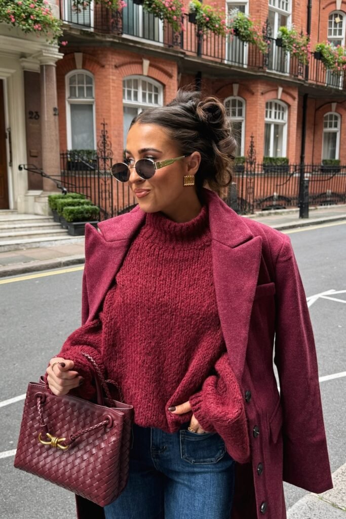 Burgundy Sweater + Burgundy Coat + Blue Jeans + Burgundy Bag