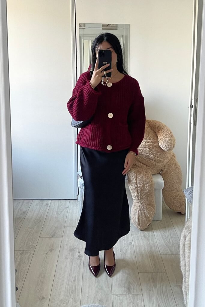 Burgundy Textured Cardigan + Black Satin Midi Skirt + Burgundy Pointed-Toe Heels
