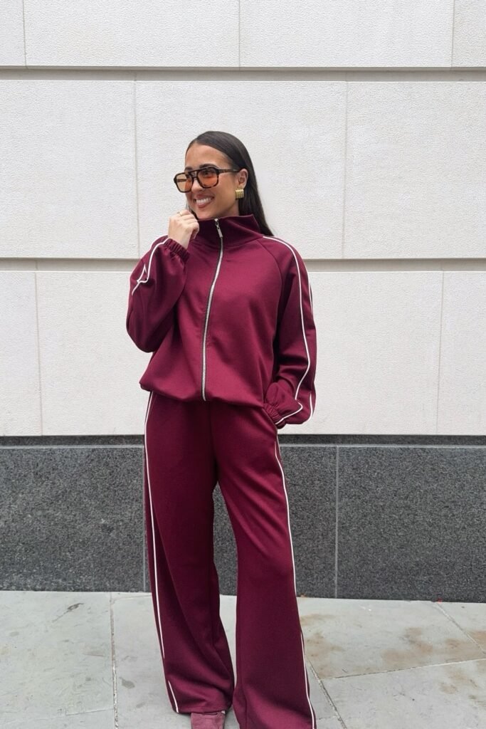 Burgundy Tracksuit + White Sunglasses