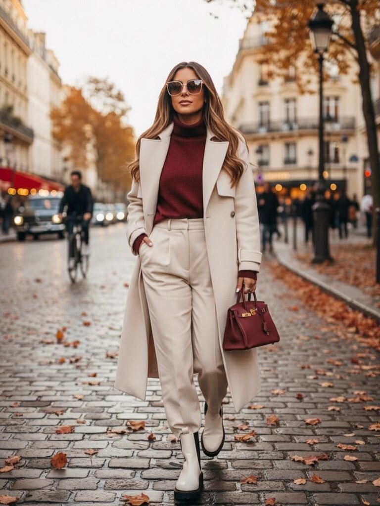 Burgundy Turtleneck + Cream Tailored Pants + Long Coat + Chelsea Boots + Burgundy Bag