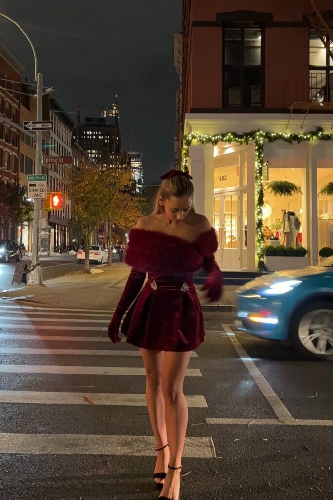 Burgundy Velvet Off-Shoulder Mini Dress + Matching Opera Gloves + Black Strappy Heels + Velvet Hair Bow