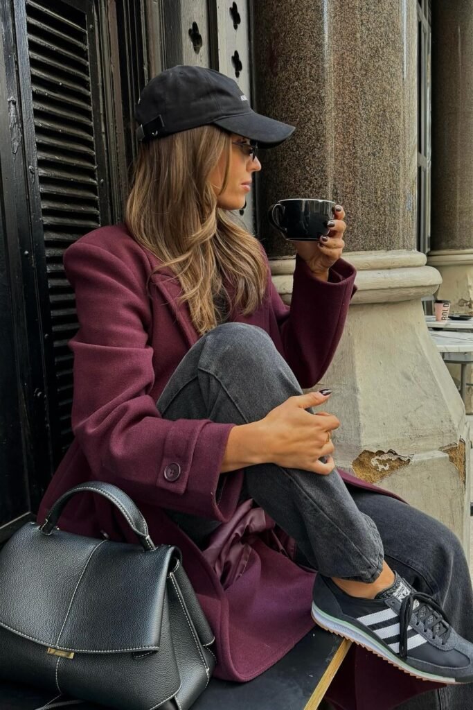 Burgundy Wool Coat + Black Cap + Charcoal Jeans + Black Adidas Sneakers + Black Structured Handbag