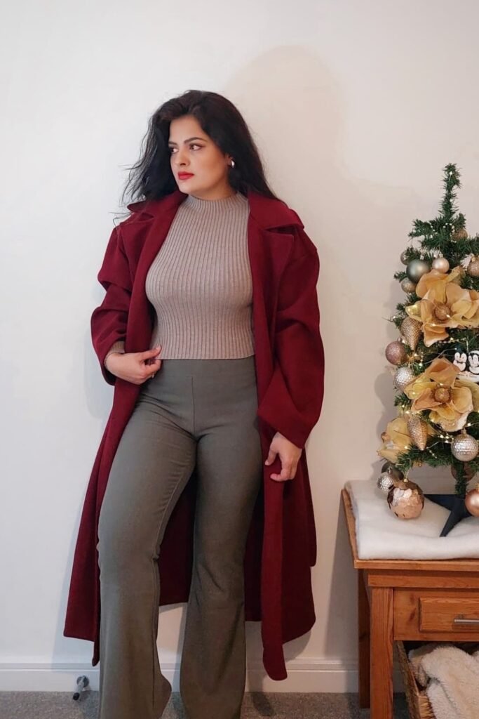 Burgundy Wrap Coat + Taupe Ribbed Top + Olive Flared Pants
