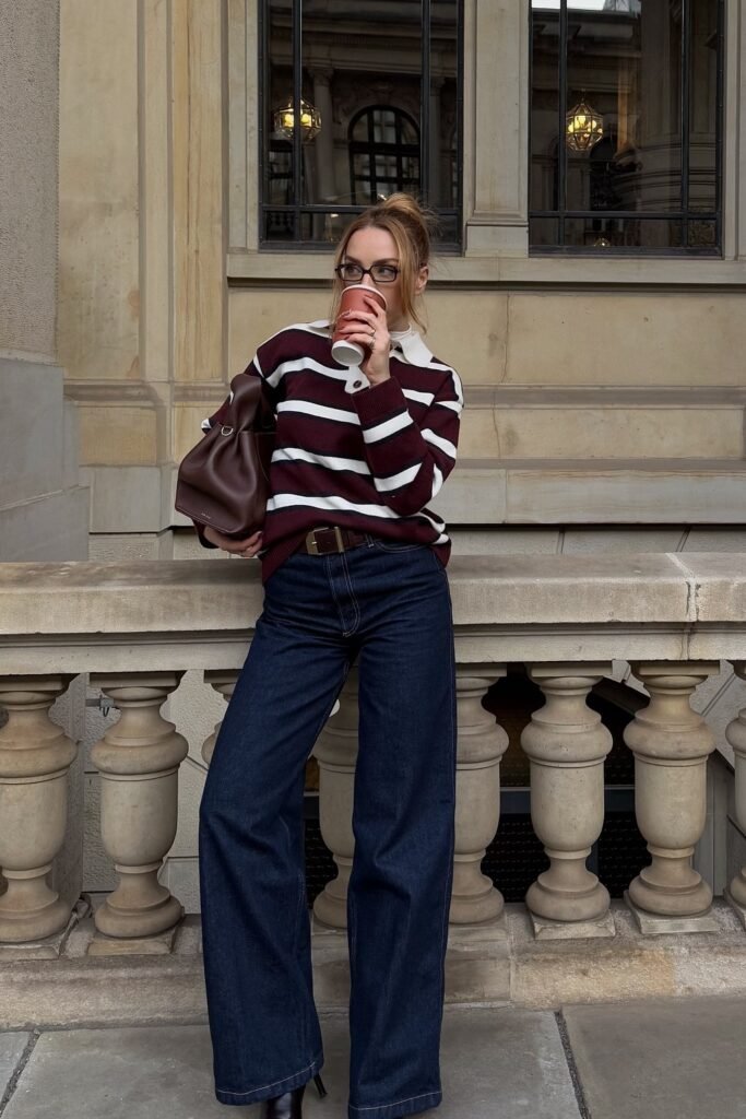 Burgundy and White Striped Knit Polo Sweater + Dark Wide-Leg Jeans + Brown Belt + Brown Slouchy Tote Bag + Square Glasses