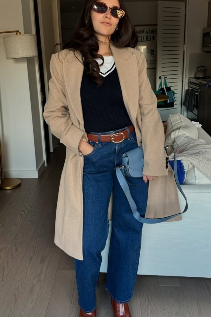 Camel Coat + Black Cable-Knit Vest over White Tee + Medium-Wash Wide-Leg Jeans + Brown Belt + Brown Ankle Boots + Blue Crossbody