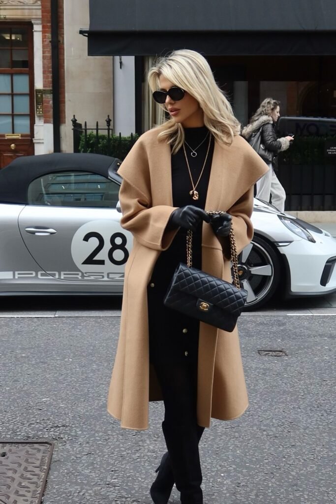 Camel Coat + Black Dress + Black Boots + Black Handbag