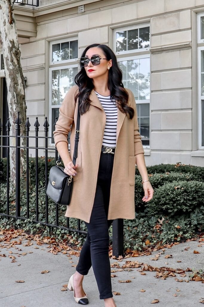 Camel Coat + Black and White Striped Top + Black Skinny Jeans + Beige & Black Cap-Toe Pumps + Black Shoulder Bag