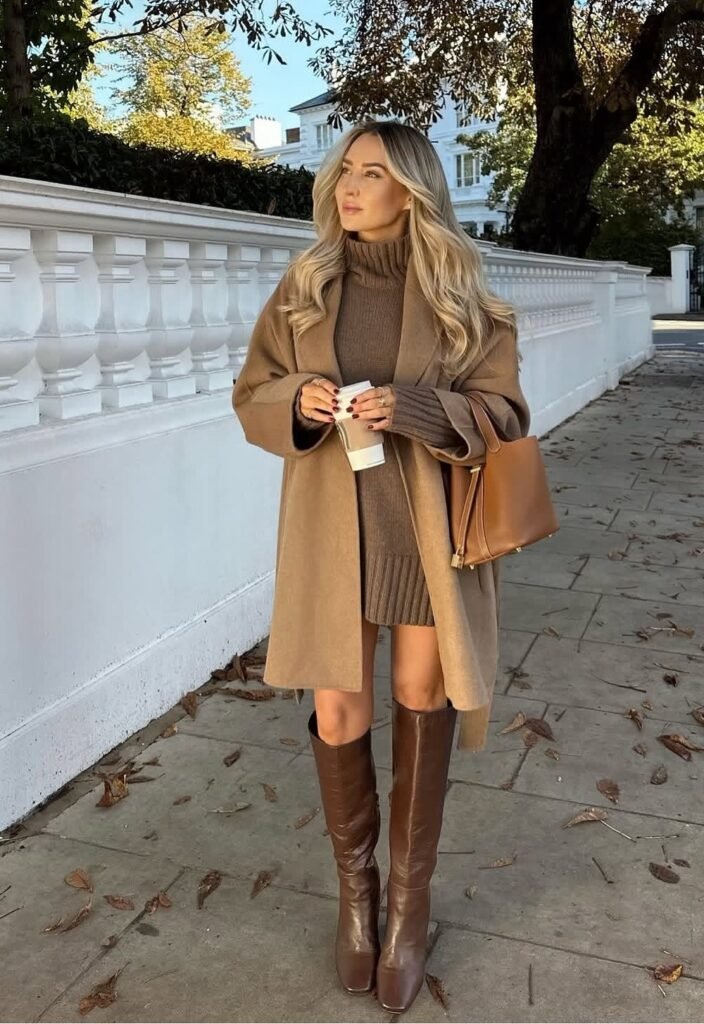 Camel Coat + Brown Knit Mini Dress + Brown Knee-High Boots + Brown Shoulder Bag