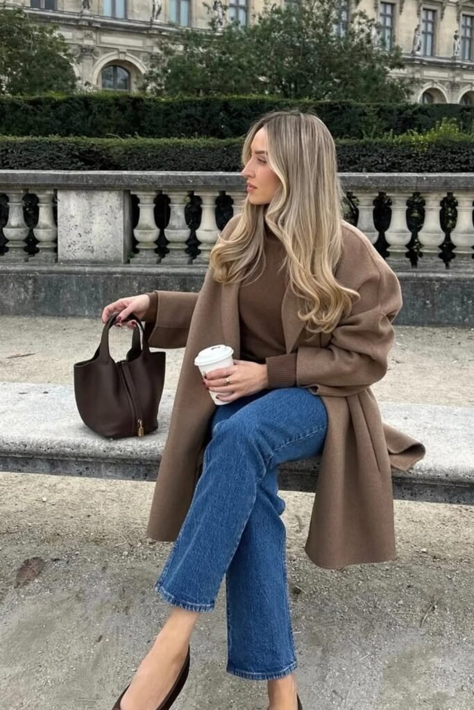 Camel Coat + Brown Knit Sweater + Blue Jeans + Dark Brown Bag + Brown Flats