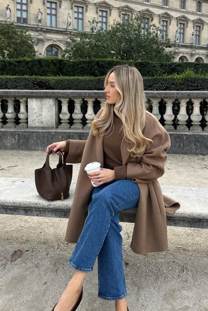 Camel Coat + Brown Turtleneck + Blue Jeans + Brown Handbag + Coffee Cup