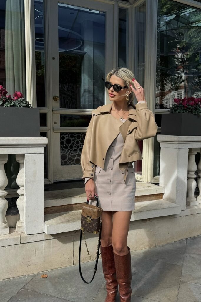 Camel Coat + Cream Dress + Brown Boots + Brown Handbag