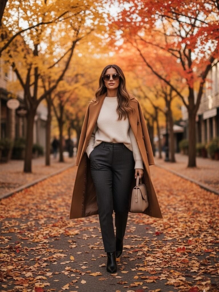 Camel Coat + Cream Sweater + Charcoal Grey Pants + Black Ankle Boots + Beige Structured Bag