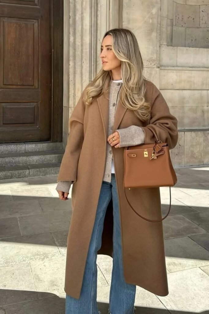 Camel Coat + Grey Knit Cardigan + Blue Jeans + Camel Birkin Bag