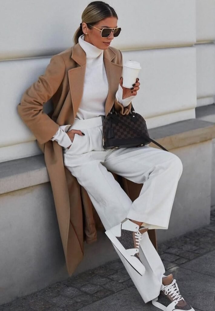 Camel Coat + White Turtleneck + White Pants + Brown Louis Vuitton Handbag + White Sneakers